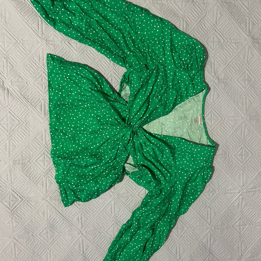 Green Tie Front Long Sleeve Blouse